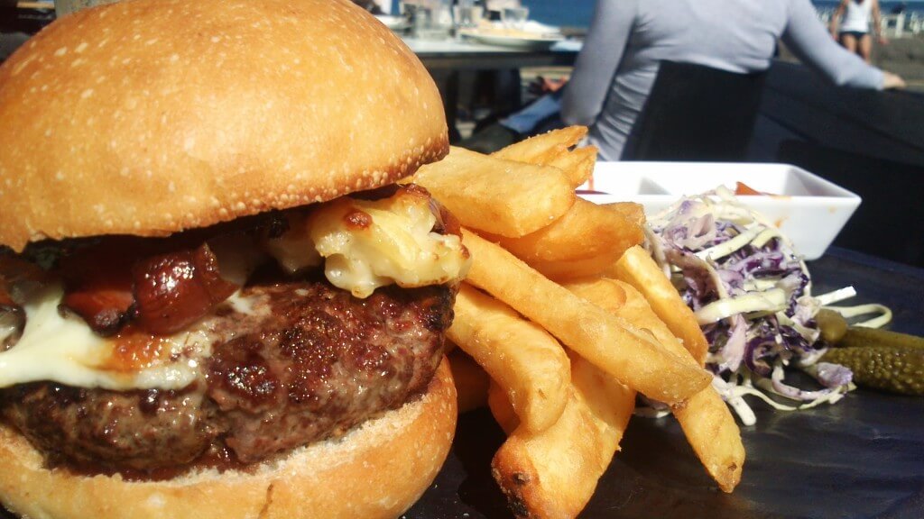 Mac and cheese burger by the beach