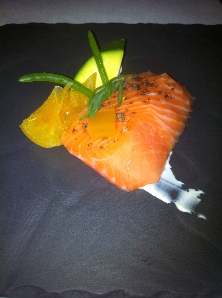 Salmon: Confir fillet of king salmon with avocado, vanilla and orange