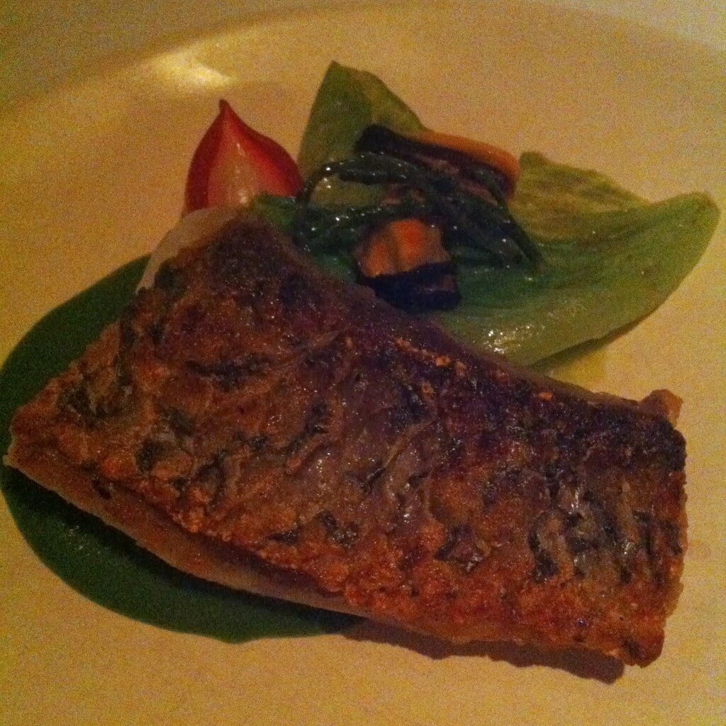 Barramundi: crispy skinned fillet with steamed mussels, cos lettuce and samphire