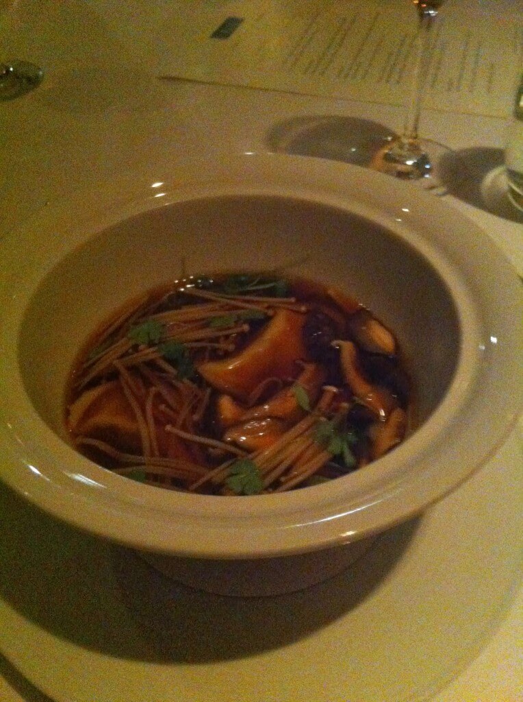 Peking Duck Consomme: with duck dumplings, shaved abalone and mushrooms