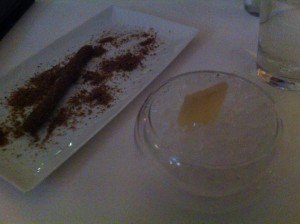Starting course - some root vegetable I'd never come across with mushroom dust, and a sugarcane slither infused with gin & tonic