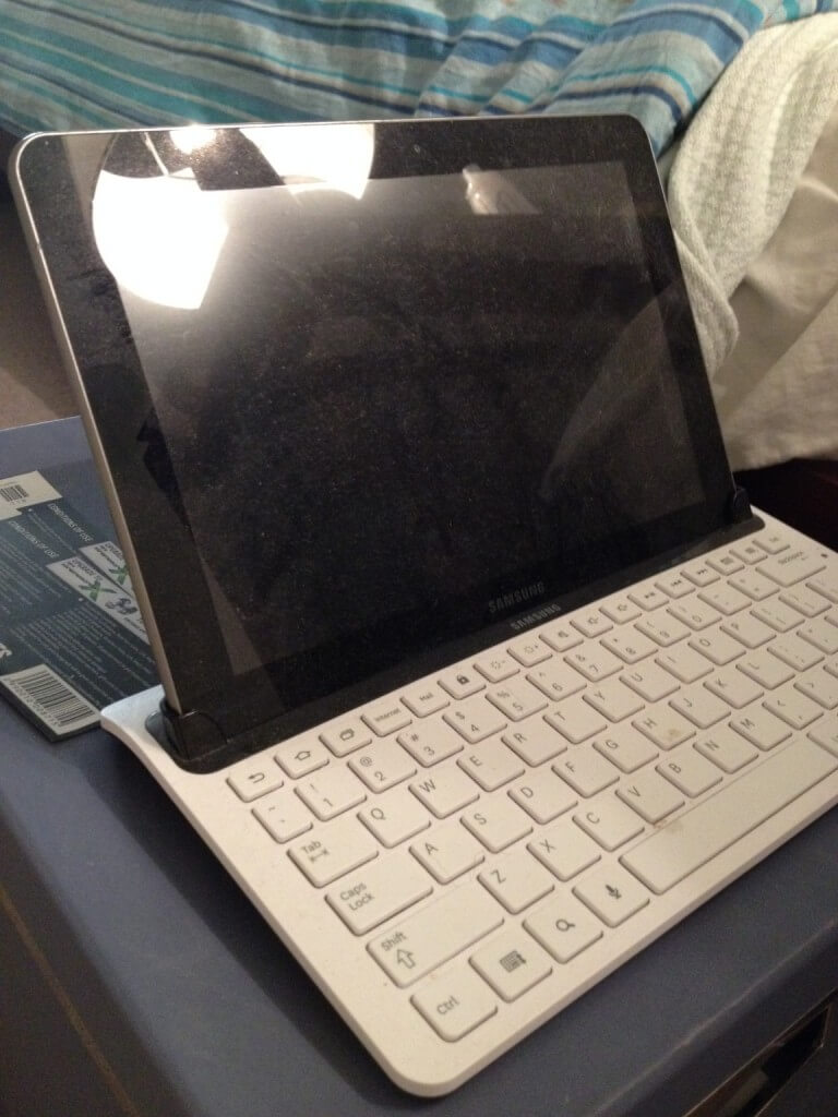 Samsung tablet with keyboard, gather dust quite literally! Since a iPad mini was won, this has been retired.