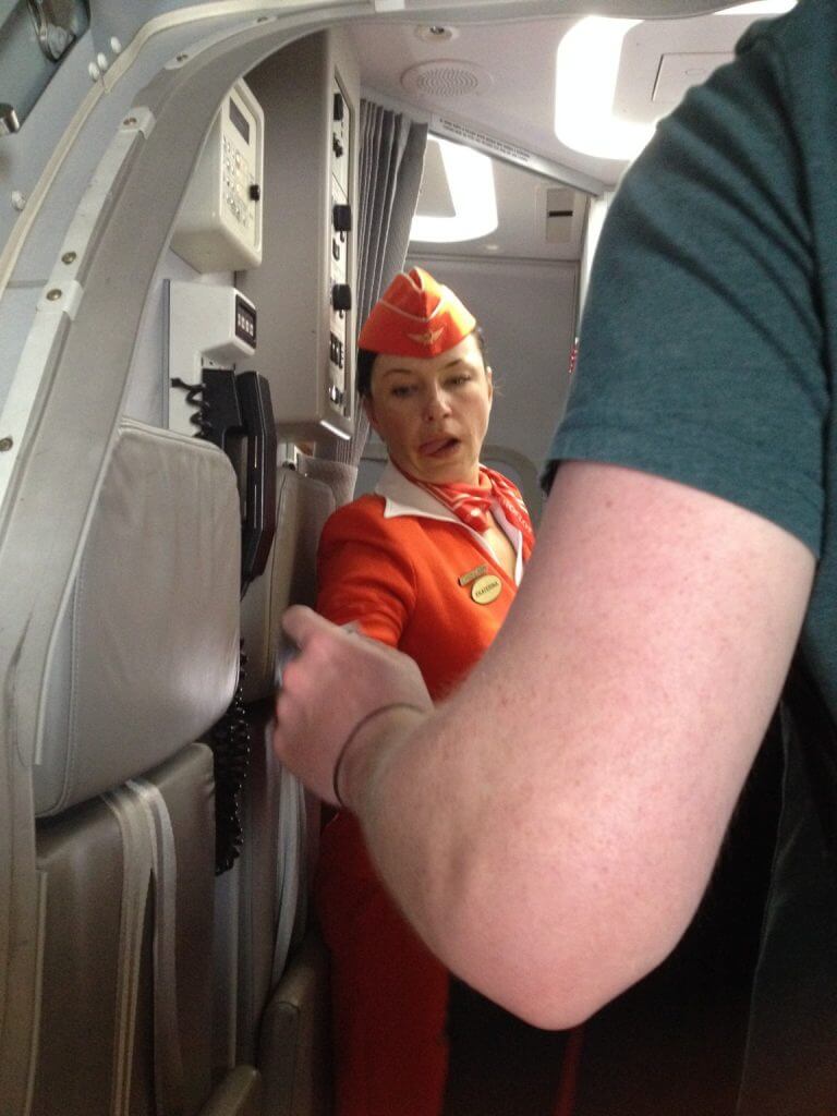 Sadly the snap missed the white gloves of Aeroflot's hostess!